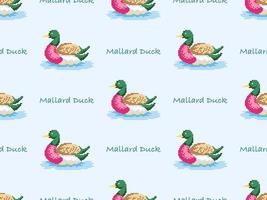 Duck cartoon character seamless pattern on blue background. Pixel style vector