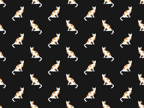 Cat cartoon character seamless pattern on black background. Pixel style vector