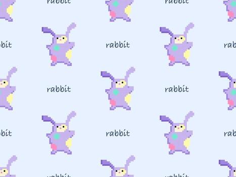 Rabbit cartoon character seamless pattern on blue background. Pixel style vector