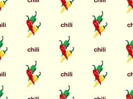 Chili cartoon character seamless pattern on yellow background. Pixel style vector