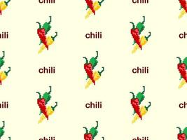 Chili cartoon character seamless pattern on yellow background. Pixel style vector