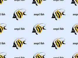 Angel fish cartoon character seamless pattern on blue background. Pixel style vector