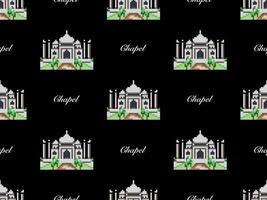 Chapel cartoon character seamless pattern on black background. Pixel style vector