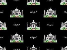 Chapel cartoon character seamless pattern on black background. Pixel style vector