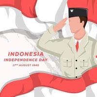 día de la independencia de indonesia 17 de agosto tarjeta de felicitación con hombres saludando uniforme ceremonial usado vector