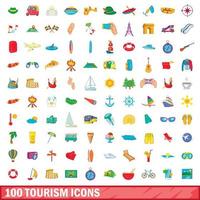 100 turismo, conjunto de iconos de estilo de dibujos animados vector