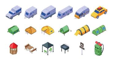 Campsite icons set isometric vector. Backpack activity vector