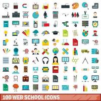 100 web school icons set, flat style vector