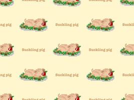 Suckling pig cartoon character seamless pattern on yellow background. Pixel style vector