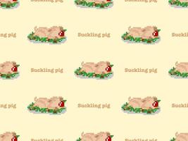 Suckling pig cartoon character seamless pattern on yellow background. Pixel style vector