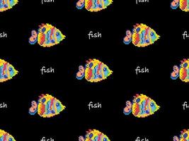 Fish cartoon character seamless pattern on black background. Pixel style vector