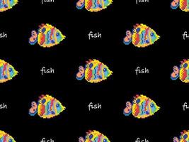 Fish cartoon character seamless pattern on black background. Pixel style vector