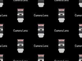 Camera lens cartoon character seamless pattern on black background. Pixel style vector