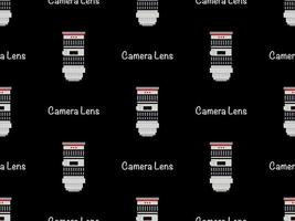 Camera lens cartoon character seamless pattern on black background. Pixel style vector