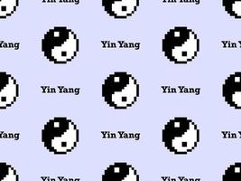 Yin yang cartoon character seamless pattern on blue background. Pixel style vector