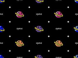 Space cartoon character seamless pattern on black background. Pixel style vector