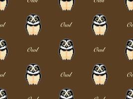 Owl cartoon character seamless pattern on brown background. Pixel style vector
