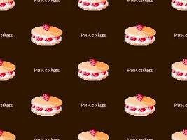Pancake cartoon character seamless pattern on brown background. Pixel style vector