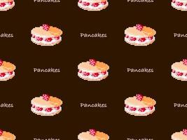 Pancake cartoon character seamless pattern on brown background. Pixel style vector