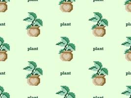 Plant cartoon character seamless pattern on green background. Pixel style vector