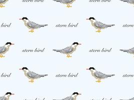 Stern bird cartoon character seamless pattern on blue background. Pixel style vector