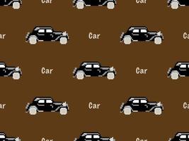 Car cartoon character seamless pattern on brown background. Pixel style vector