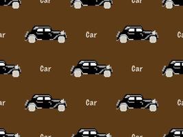 Car cartoon character seamless pattern on brown background. Pixel style vector