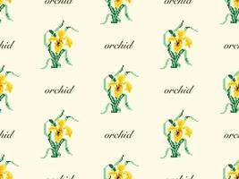 Orchid cartoon character seamless pattern on yellow background. Pixel style vector