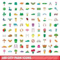 100 city park icons set, cartoon style vector