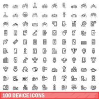 100 device icons set, outline style vector