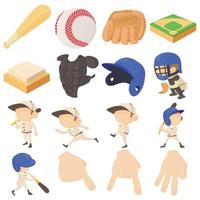 elementos de béisbol, conjunto de iconos de estilo de dibujos animados vector