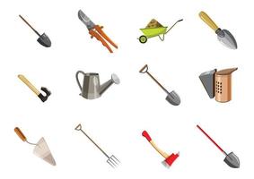 Garden tools icon set, cartoon style vector