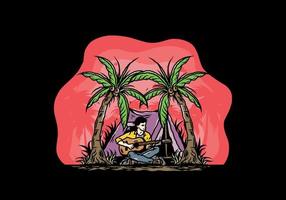 Man with guitar in front of tent between coconut tree illustration vector