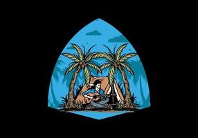 Man with guitar in front of tent between coconut tree illustration vector