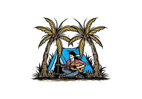 Man with guitar in front of tent between coconut tree illustration vector