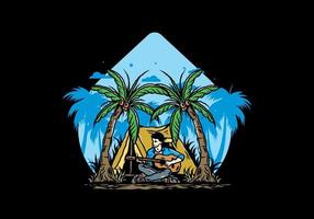 Man with guitar in front of tent between coconut tree illustration vector