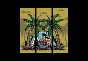 Man with guitar in front of tent between coconut tree illustration vector