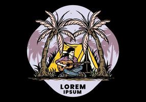 Man with guitar in front of tent between coconut tree illustration vector