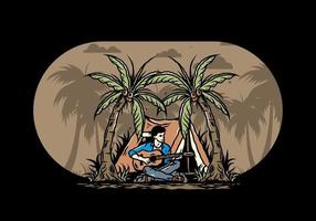 Man with guitar in front of tent between coconut tree illustration vector