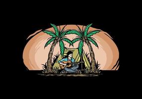 Man with guitar in front of tent between coconut tree illustration vector