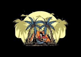 Man with guitar in front of tent between coconut tree illustration vector