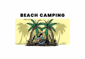 Man with guitar in front of tent between coconut tree illustration vector