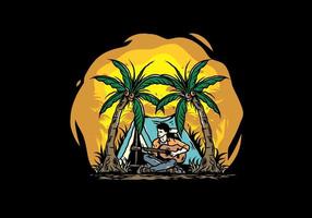 Man with guitar in front of tent between coconut tree illustration vector