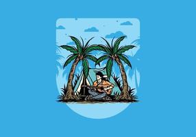 Man with guitar in front of tent between coconut tree illustration vector