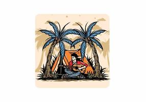 Man with guitar in front of tent between coconut tree illustration vector