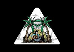 Man with guitar in front of tent between coconut tree illustration vector