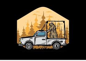 Big bear in cage on car illustration vector