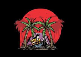 Man with guitar in front of tent between coconut tree illustration vector