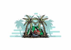 Man with guitar in front of tent between coconut tree illustration vector