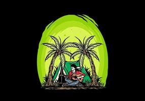 Man with guitar in front of tent between coconut tree illustration vector